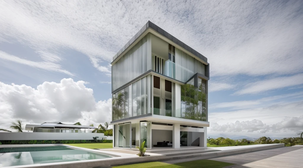 Modern style house exterior, modernism, Large glass panels cover the outside, daytime, beautiful landscape, coconut trees, conwood ceiling, masterpiece, high quality, photo realistic, canon eos 5D mark, natural light,