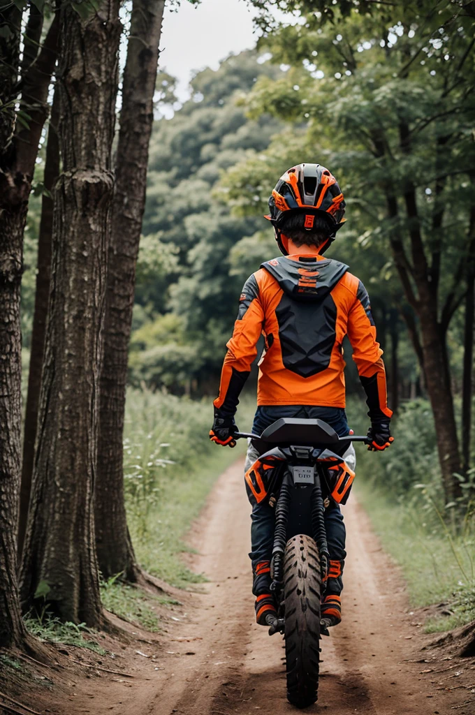 A boy wearing helmet with ktm Duke 250 and standing in behind . Background will be with green trees and aesthetic 