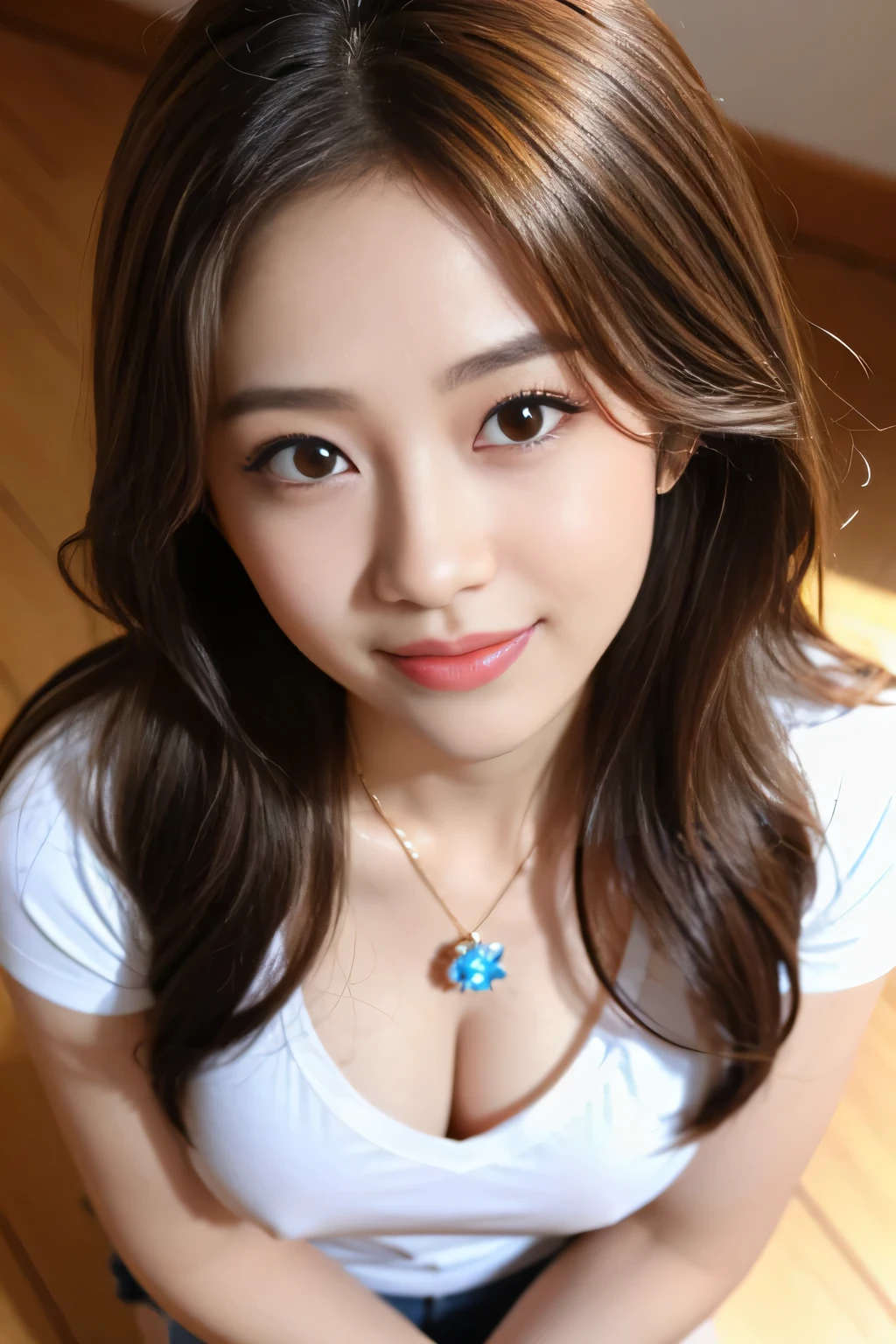 seed:381696201,((from above:1.2))、((Highest quality, 8K, masterpiece: 1.3)), concentrated: 1.2, Cute girl 1,Nipples erect、 Perfect beauty: 1.4,T-Shirts、Shorts、Randall Color:1.1, Highly detailed face and skin textures, Fine grain, double eyelid, whitening skin, ,Highest quality,Ultra-high resolution,you,1 girl,alone,_Shiny_skin,Iris,necklace,((brown_length_Wavy_hair)),(lips)),eyelash,Front hair,deal with,compensate,Shiny,pore,skin texture,Large Breasts、smiling face、living、