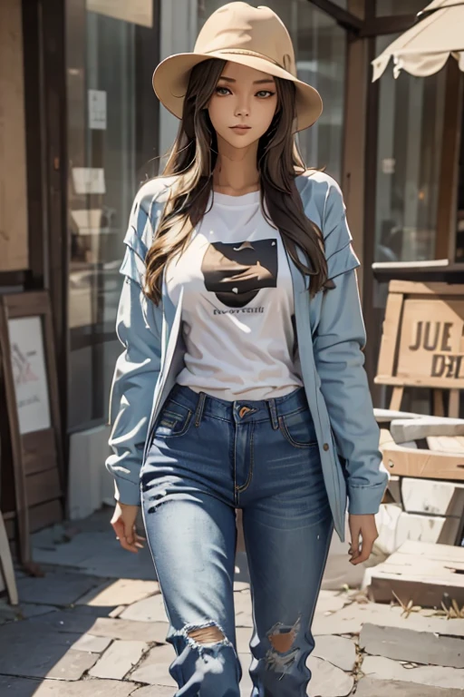 Long light hair.Cap.Oversize clothing.Clothing with a lot of folds.T -shirt, jeans.