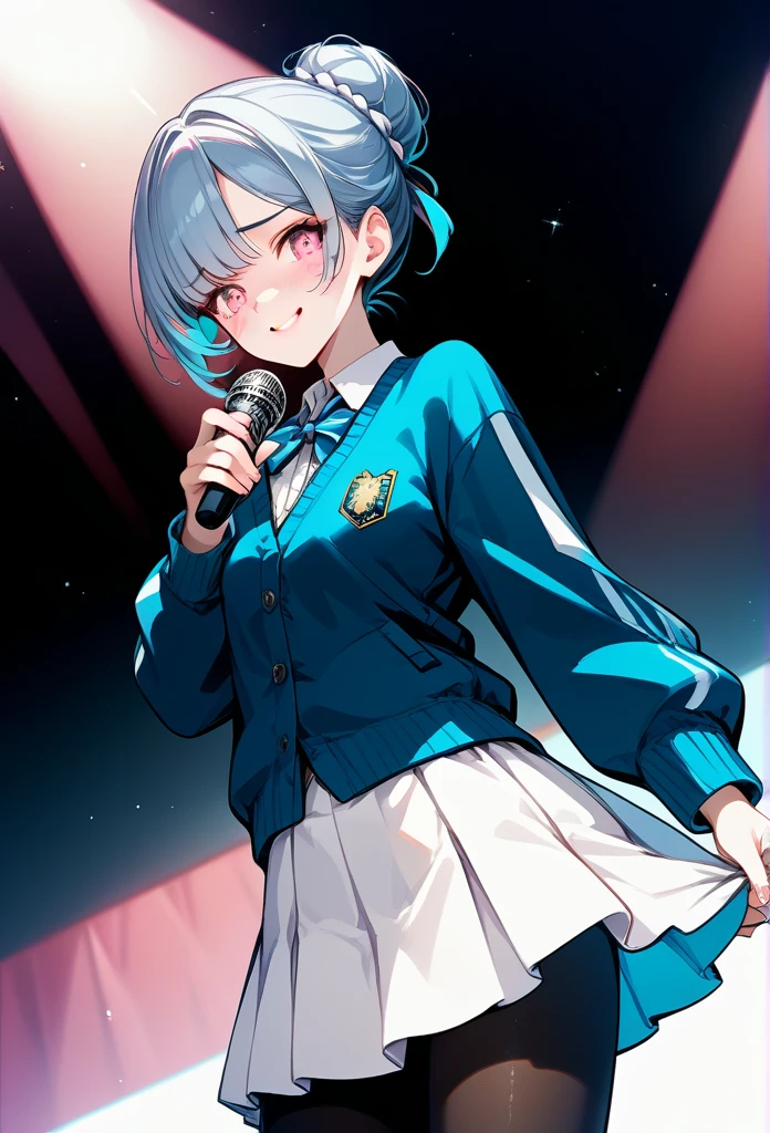 mature woman, mature face, pink eyes, shy expression, embarrassed face, shy smile, glossy lips, bun ponytail hair, (blue hair color, pink gradient hair color, azure color hair), bangs covering left eye, left blinding bangs hairstyle, mature body, small breasts, dark blue cardigan, short skirt, navy color skirt, pantyhose, idol, stage, both hands holding microphone