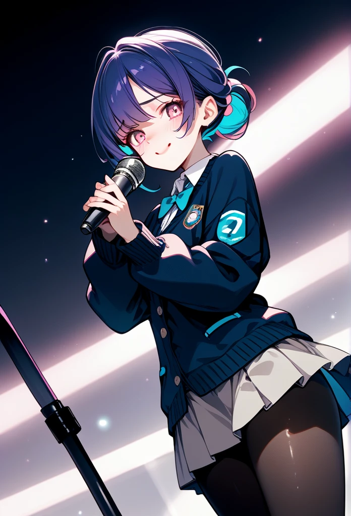mature woman, mature face, pink eyes, shy expression, embarrassed face, shy smile, glossy lips, bun ponytail hair, (blue hair color, pink gradient hair color, azure color hair), bangs covering left eye, left blinding bangs hairstyle, mature body, small breasts, dark blue cardigan, short skirt, navy color skirt, pantyhose, idol, stage, both hands holding microphone