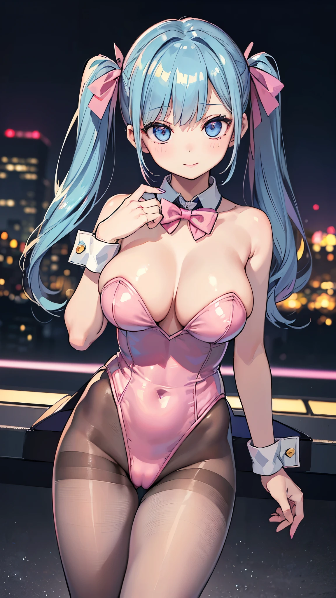 (masterpiece:1.3, Highest quality, Ultra-high resolution, Very detailed), (Realistic:1.1, photoRealistic:1.4), Beautiful illustrations, Perfect lighting,Written boundary depth, Beautiful detailsまでこだわった髪, Beautifully detailed face, Beautiful details, Beautiful clavicle, Beautiful body, Beautiful and juicy breasts, Beautiful thighs, Beautiful feet, View your viewers, 1 Girl,Perfect Face, (Perfect Anatomy, Anatomically correct), Cute and symmetrical face、、((Shiny Hair)),(Beautiful views),(Outdoor, Blurred night cityscape),(かわいいsmile, smile)、Sexy Body、(masterpiece),(Highest quality：1.3),8K,Very clear,(Ultra-realistic), One Girl,Wide Shot,((Large Breasts)),Wide Hips,Beautiful feet, Captivating woman,Sexy Girl(masterpiece、Highest quality、Very detailedな)、((One Girl))、((Light blue hair))、((((Short twin tails with pink tips))))、((Light blue eyes))、((Batten hairpin in bangs))、((Playboy))、((非常にLarge Breasts))、((Bunny girl))、((Black enamel high leg leotard、Pink bow tie collar、cuffs))、((Thin pantyhose))、((Cool look))、((((Black enamel high leg leotard、Pink bow tie collar、cuffs、Thin pantyhose))))、Cowboy Shot、