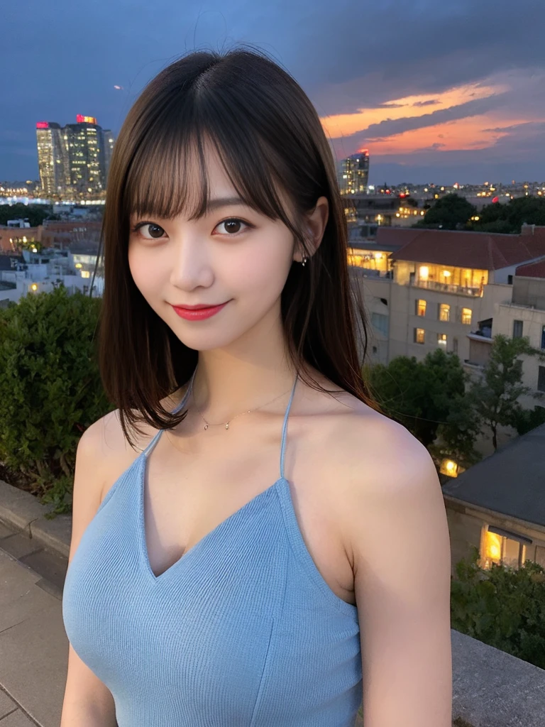 Highest quality, masterpiece, Ultra-high resolution (Realistic: 1.4), RAW Photos, 1 Girl, Blue open neckline dress, Bare shoulders, Beautiful night view of the city, Glowing Skin, smile,Large Breasts,