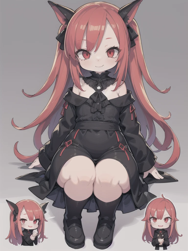 masterpiece, Highest quality, High resolution, One girl, alone, Modern vampires, Redhead, Long Hair, Open Hair, Red eyes, An innocent smile, 牙 Redhead, Red and black outfit, Scary background, Big , (Chibi:1.1), nsfw