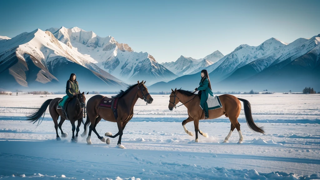 On the endless steppe,((Green steppe))((There is a sleek, muscular Akhal-Teke horse with glossy, textured fur walks bravely and confidently)),((Vision)),Realism,photography,Snow-capped mountains rise under a clear sky,Lots of details,8K,high quality, ((Realistic))