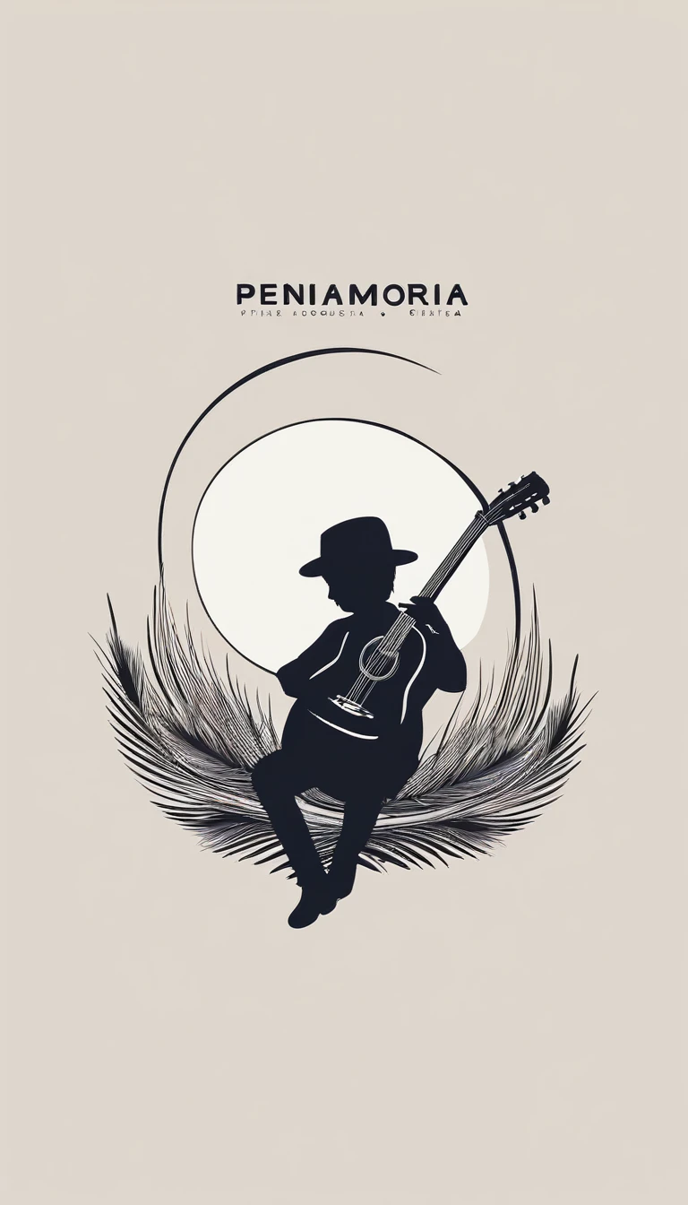 A minimal, modern, simple, cinematic logotype for the brand “Penamemoria". The logotype must be a simple, magical feather and a boy playing acoustic guitar. The logo must convey a sense of music, stories and dreams. Logo design impressed on a book cover. Minimalistic logo