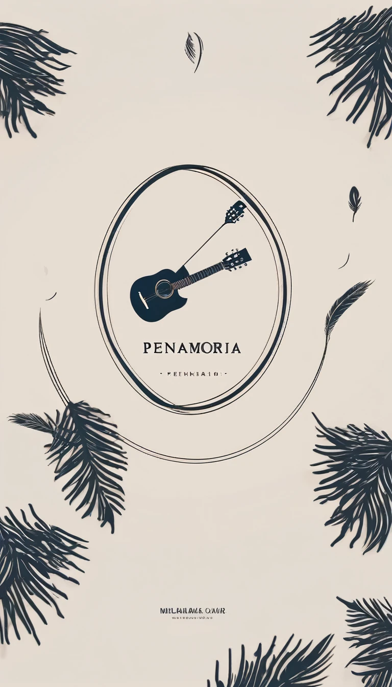 A minimal, modern, simple, cinematic logotype for the brand “Penamemoria". The logotype must be a simple, magical feather and a boy playing acoustic guitar. The logo must convey a sense of music, stories and dreams. Logo design impressed on a book cover. Minimalistic logo