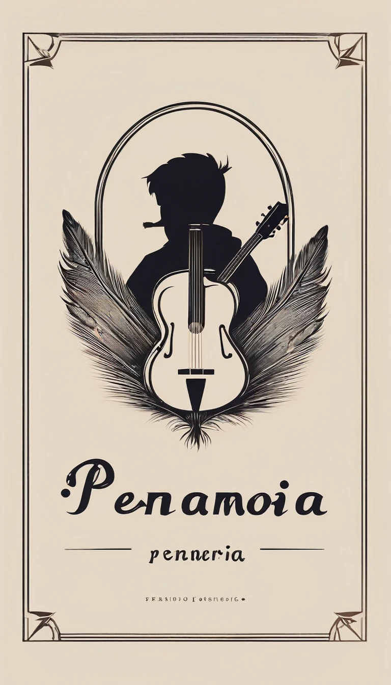 A minimal, modern, simple, cinematic logotype for the brand “Penamemoria". The logotype must be a simple, magical feather and a boy playing acoustic guitar. The logo must convey a sense of music, stories and dreams. Logo design impressed on a book cover. Minimalistic logo