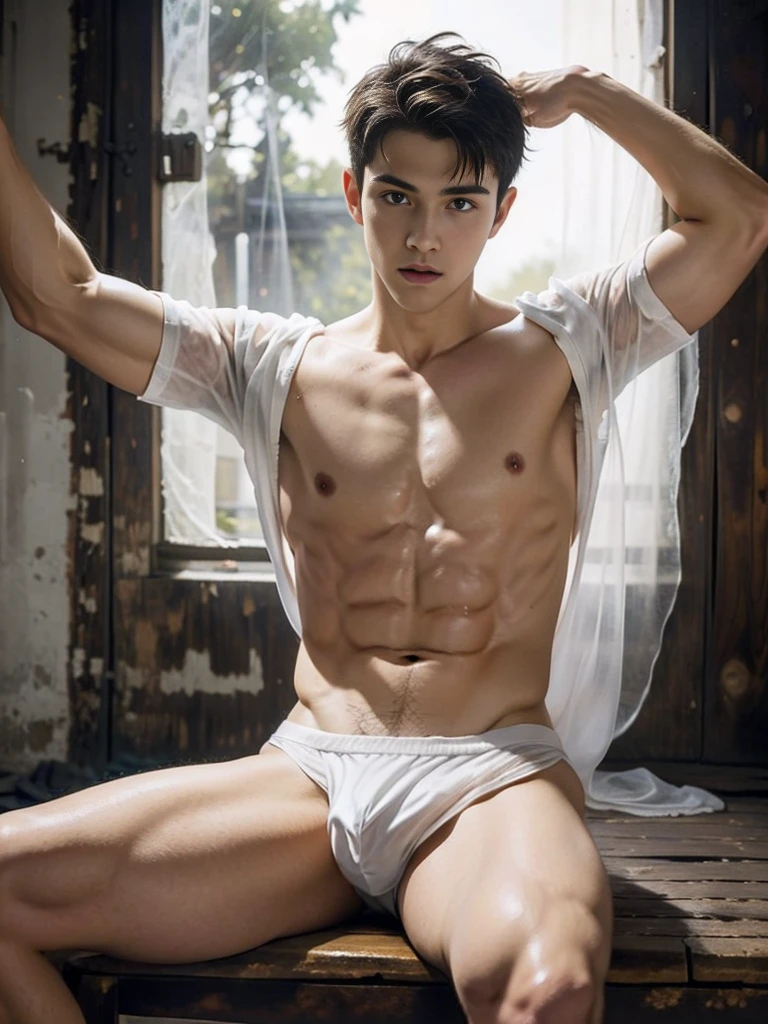 masterpiece, Best quality, realistic、a handsome white pale skin guy in sheet ghost costume, white thong, Flawless anatomy、shirtless., ideal male body、male model, sitting, spread legs, lifted arms, pubes
