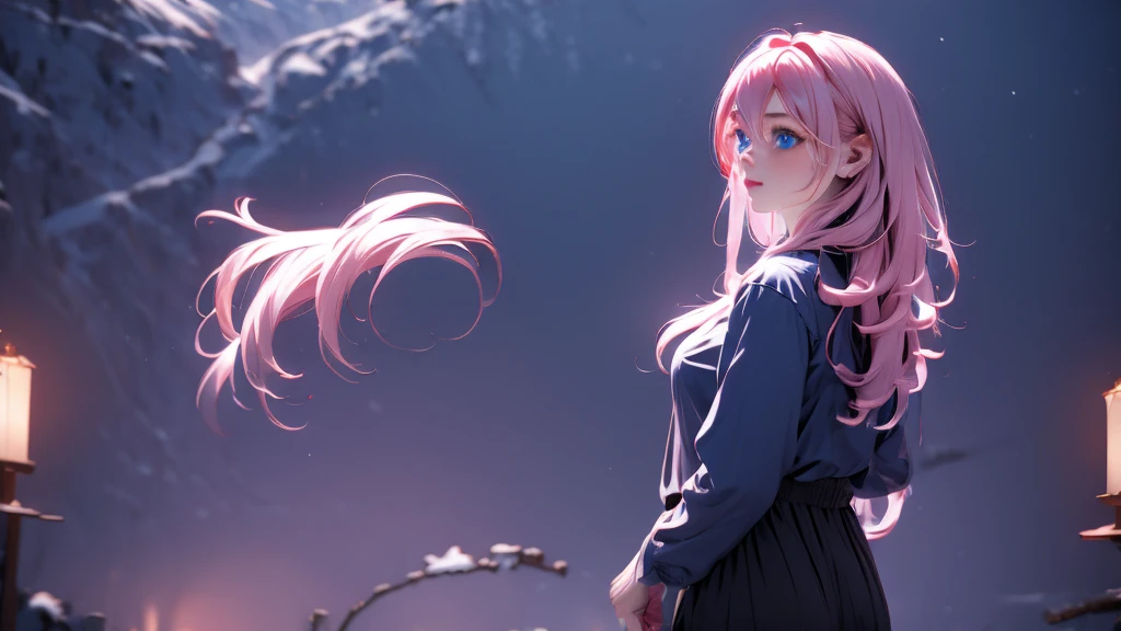 1 Girl , Girl medium light Pink hair, light blue eyes, wearing black suit 4D, night town , 18+ , high res, ultrasharp, 8K, masterpiece, looking from behind
