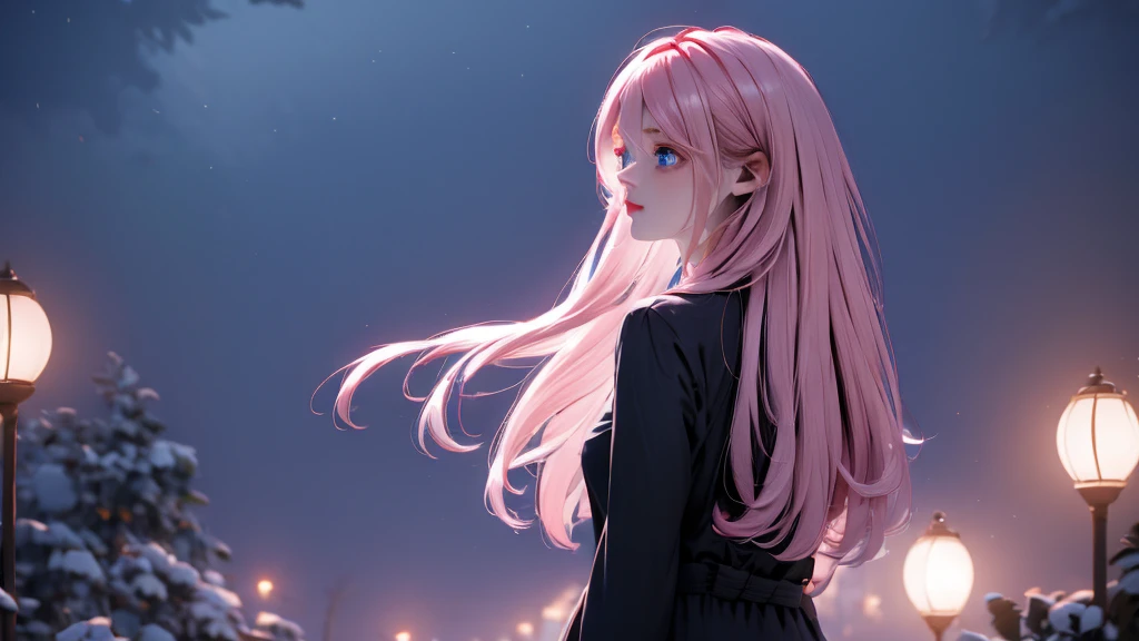 1 Girl , Girl medium light Pink hair, light blue eyes, wearing black suit 4D, night town , 18+ , high res, ultrasharp, 8K, masterpiece, looking from behind