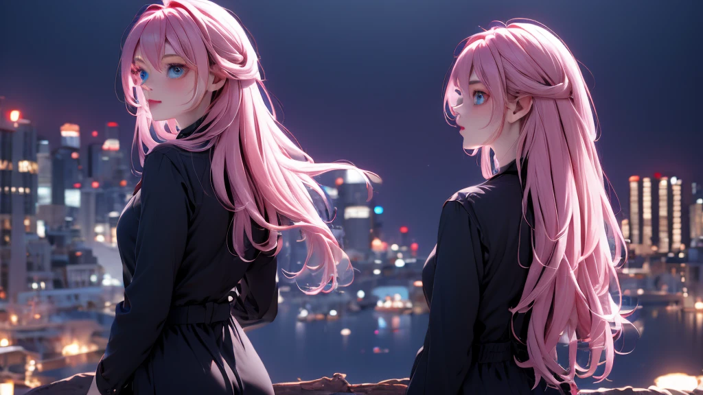 1 Girl , Girl medium light Pink hair, light blue eyes, wearing black suit 4D, night town , 18+ , high res, ultrasharp, 8K, masterpiece, looking from behind