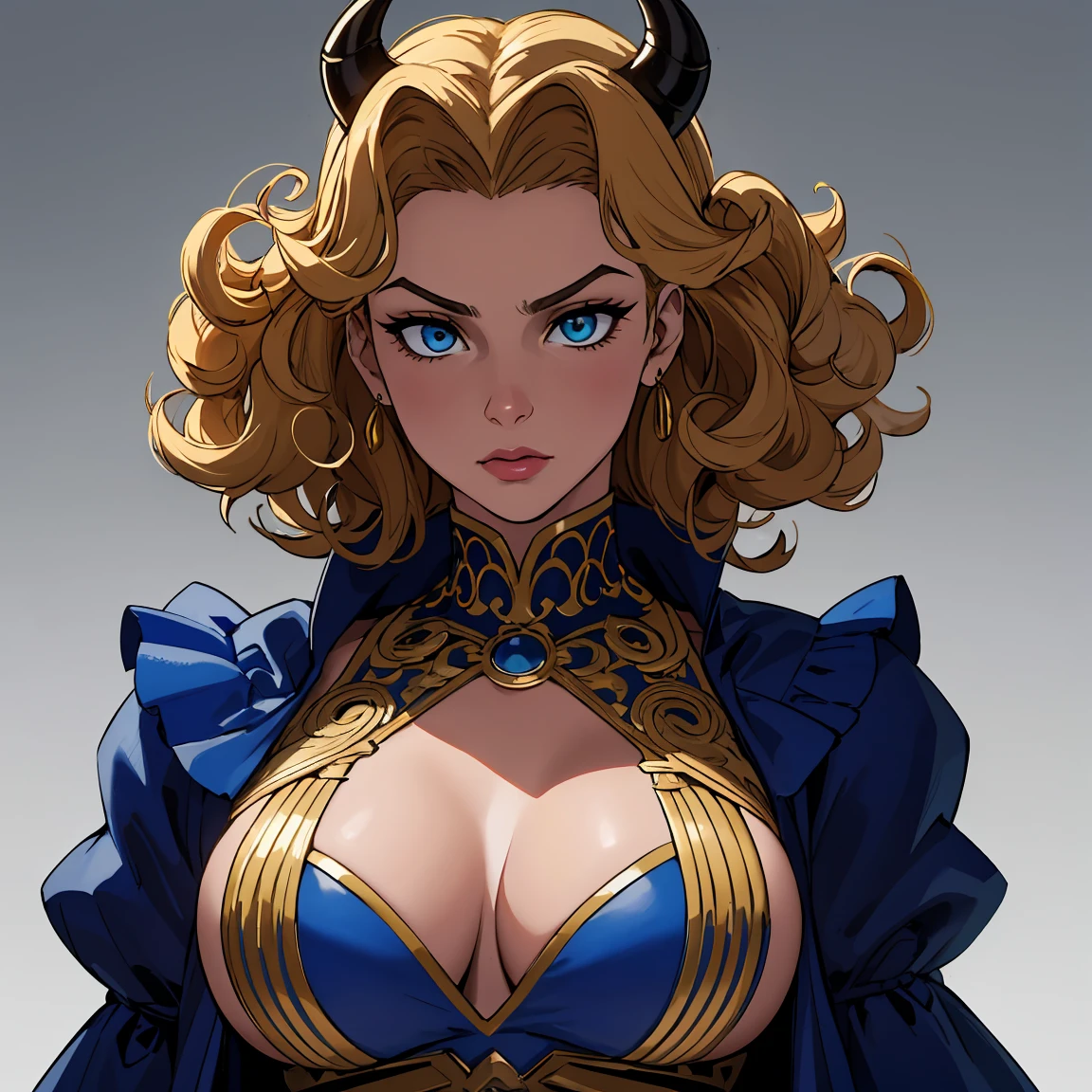 (Masterpiece:1.2, Best Quality), (real image, intricate details), (1 right, Alone, curvy upper body, Big ) The clothes are royal blue and gold.：foreground，foreground，Experiment with appearance：dramatic curl curl，Unconventional fashion choice behavior.：rebellion、nonconformist、Location of provocation：demon&#39;s eyes,urban art district、Underground music venues Hobbies：Participation in punk shows.、creating mixed media art、Try different subcultural values：individuality、really、Creative expression of inspiration.：gothic music、counterculture icons，Character traits of the avant-garde artistic movement：audacity、audacity、act outside the box