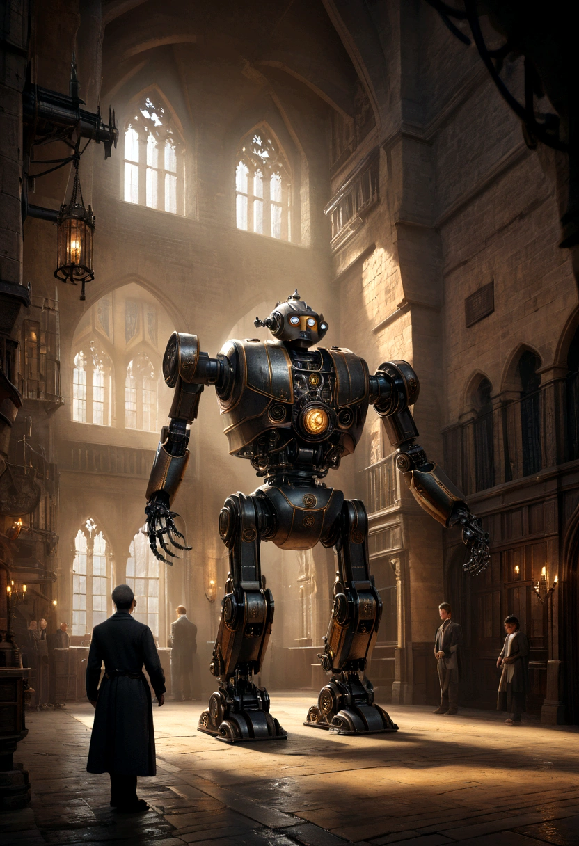 a robotic maid in the grand hall of hogwarts castle, highly detailed, 8k, photorealistic, cinematic lighting, warm color palette, dramatic shadows, intricate mechanical design, intricate gears and mechanisms, gleaming chrome, elegant and sophisticated, sense of magic and wonder
