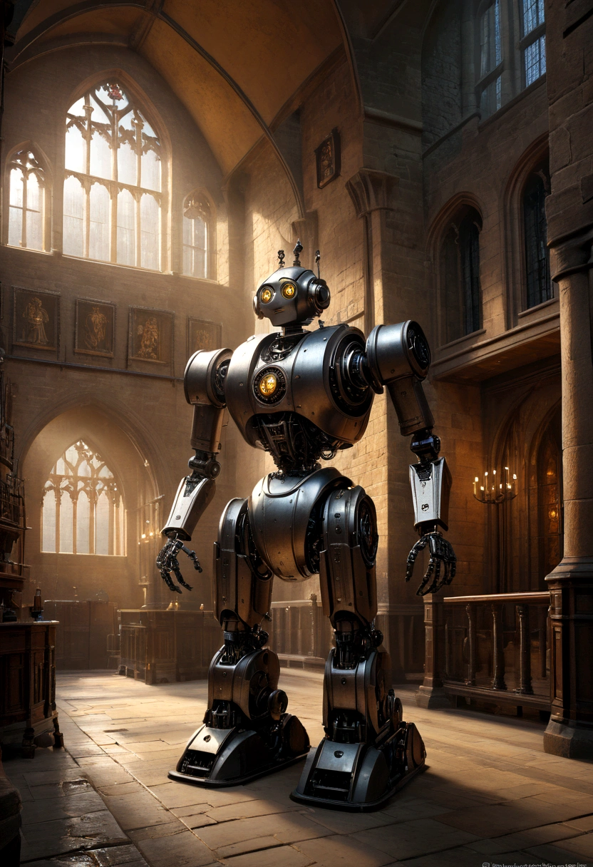 a robotic maid in the grand hall of hogwarts castle, highly detailed, 8k, photorealistic, cinematic lighting, warm color palette, dramatic shadows, intricate mechanical design, intricate gears and mechanisms, gleaming chrome, elegant and sophisticated, sense of magic and wonder