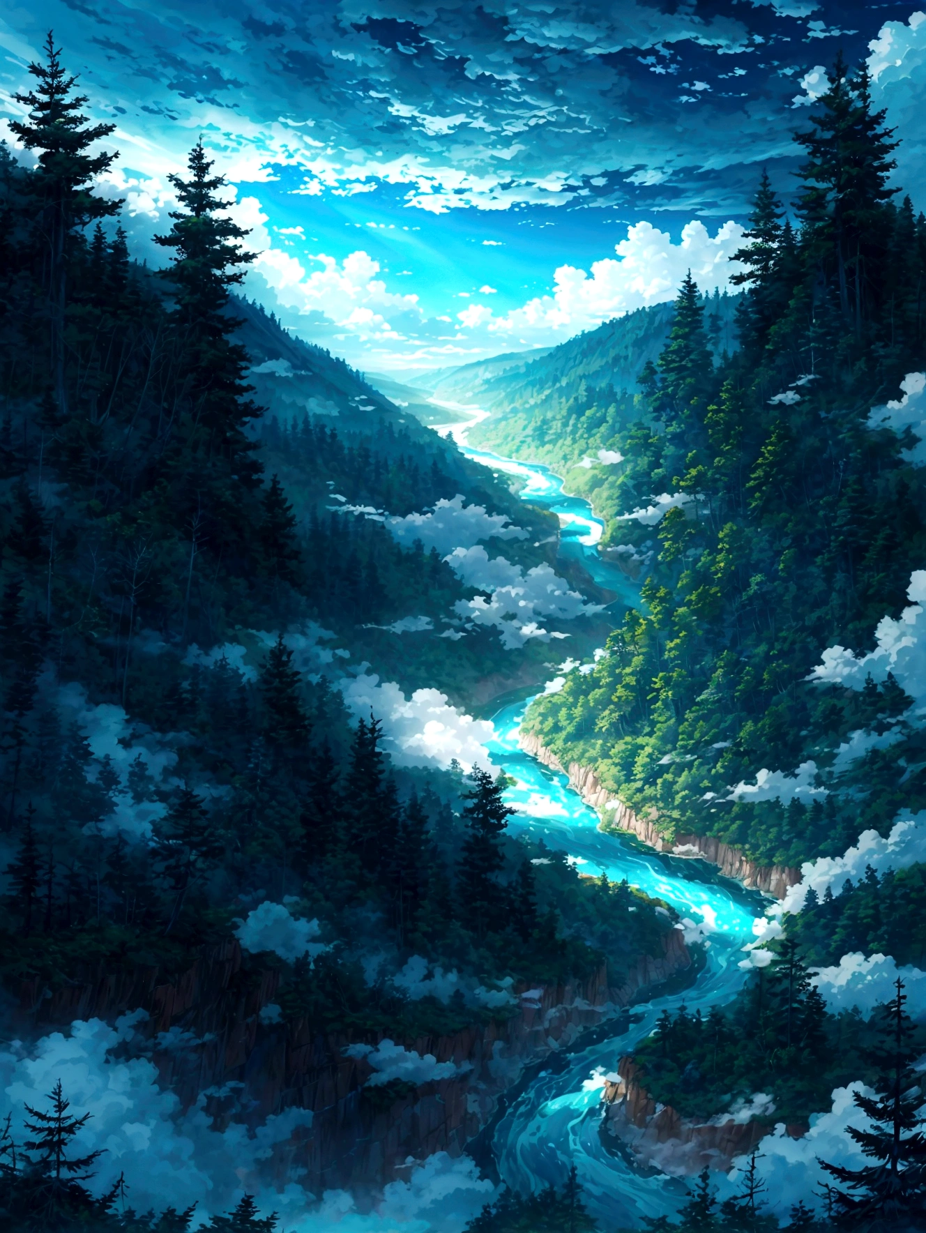 The sky is blue and the clouds float around.,River in the middle of a deep forest,Fascinating, worth searching for