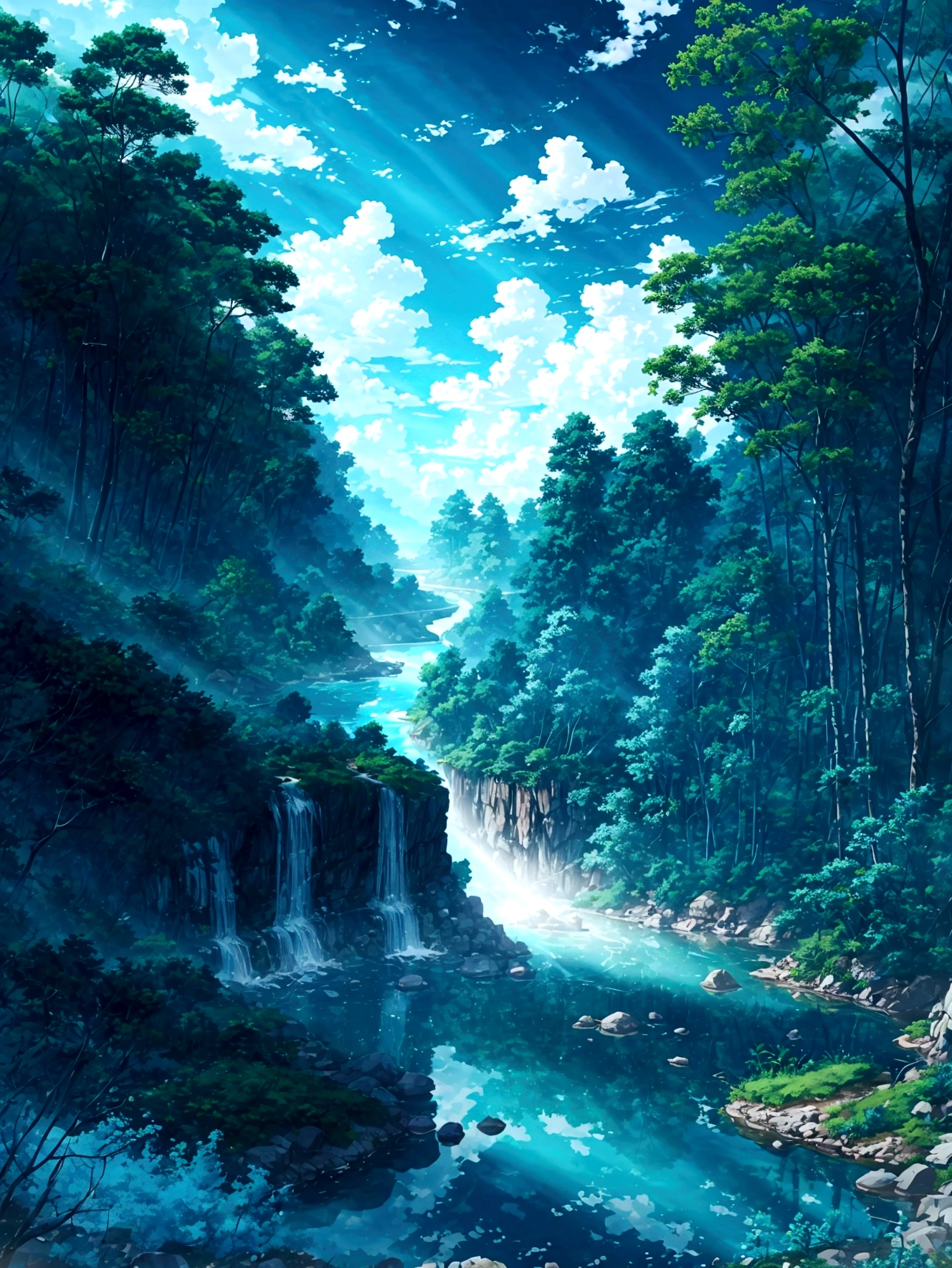 The sky is blue and the clouds float around.,River in the middle of a deep forest,Fascinating, worth searching for