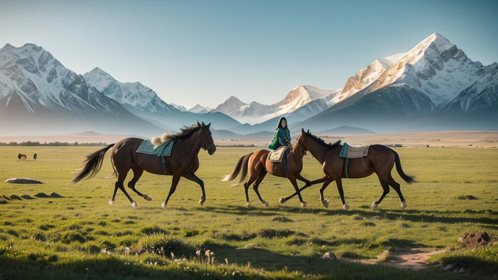 On the endless steppe，（（Green steppe））（（There is a sleek, muscular Akhal-Teke horse with glossy, textured fur walks bravely and confidently）)，（（Vision）），Realism，photography，Snow-capped mountains rise under a clear sky，Lots of details，8K，high quality,  ((Realistic))