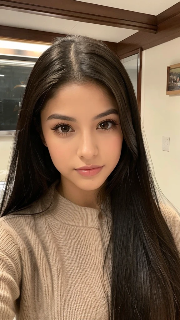 Latina, black long hair, brown eyes,selfie