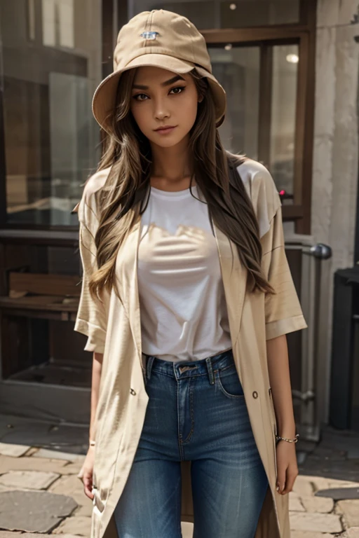 Long light hair.Cap.Oversize clothing.Clothing with a lot of folds.T -shirt, jeans.