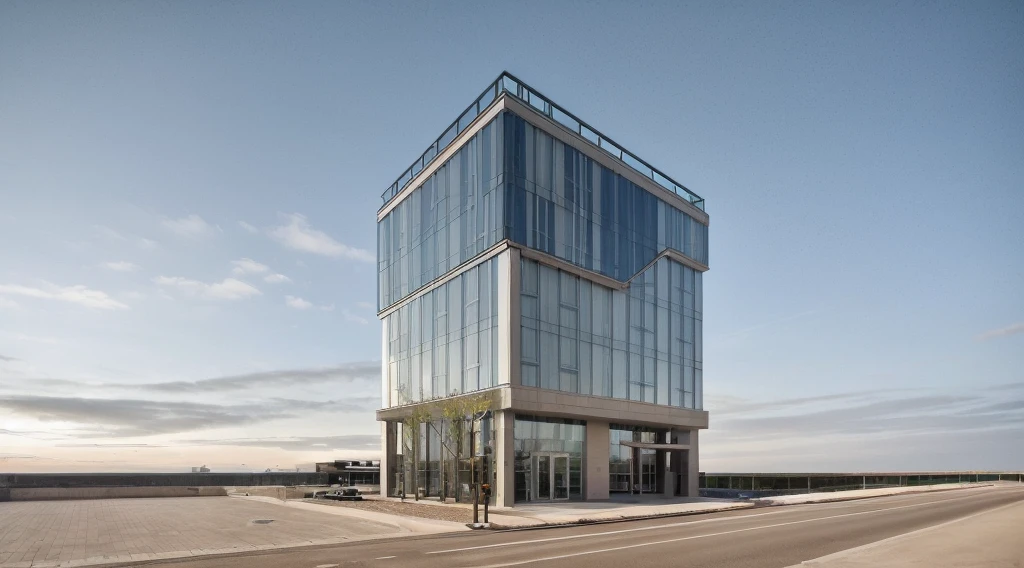 exterior of highrise hotel building, contemporary style, inspired of Norman Forster, glass with steel frame facade, 5 stars hotel design, beautiful landscape, stone pavement,cars, RAW photo, 8k uhd, dslr, soft lighting, high quality, film grain, Fujifilm XT3,masterpiece,