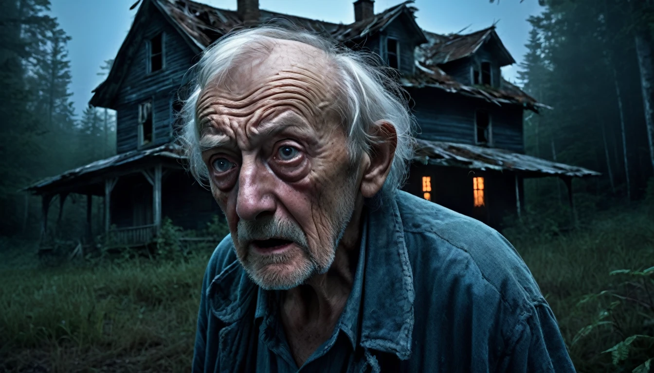 Image of a terrified old man in front of an old abandoned house in the middle of the forest at night,  PICTURE REALISTIC, high resolution, 8K 