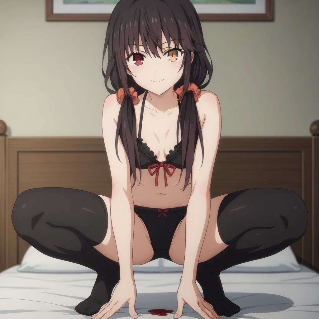 score_9, score_8_up, score_7_up, source_anime,
kurumitokisaki, kurumi tokisaki, black hair,   golden right eye(clock eye), heterochromia and red eyes, long hair, (bunches)
bare shoulder, ribbon, Black bra, bikini, briefs,  black bikini, twintails, low twintails, black silk leggings
indoors, outdoor, smile,
looking at viewer, solo, half squatting on the bed, legs apart, Milk spilled on the body,