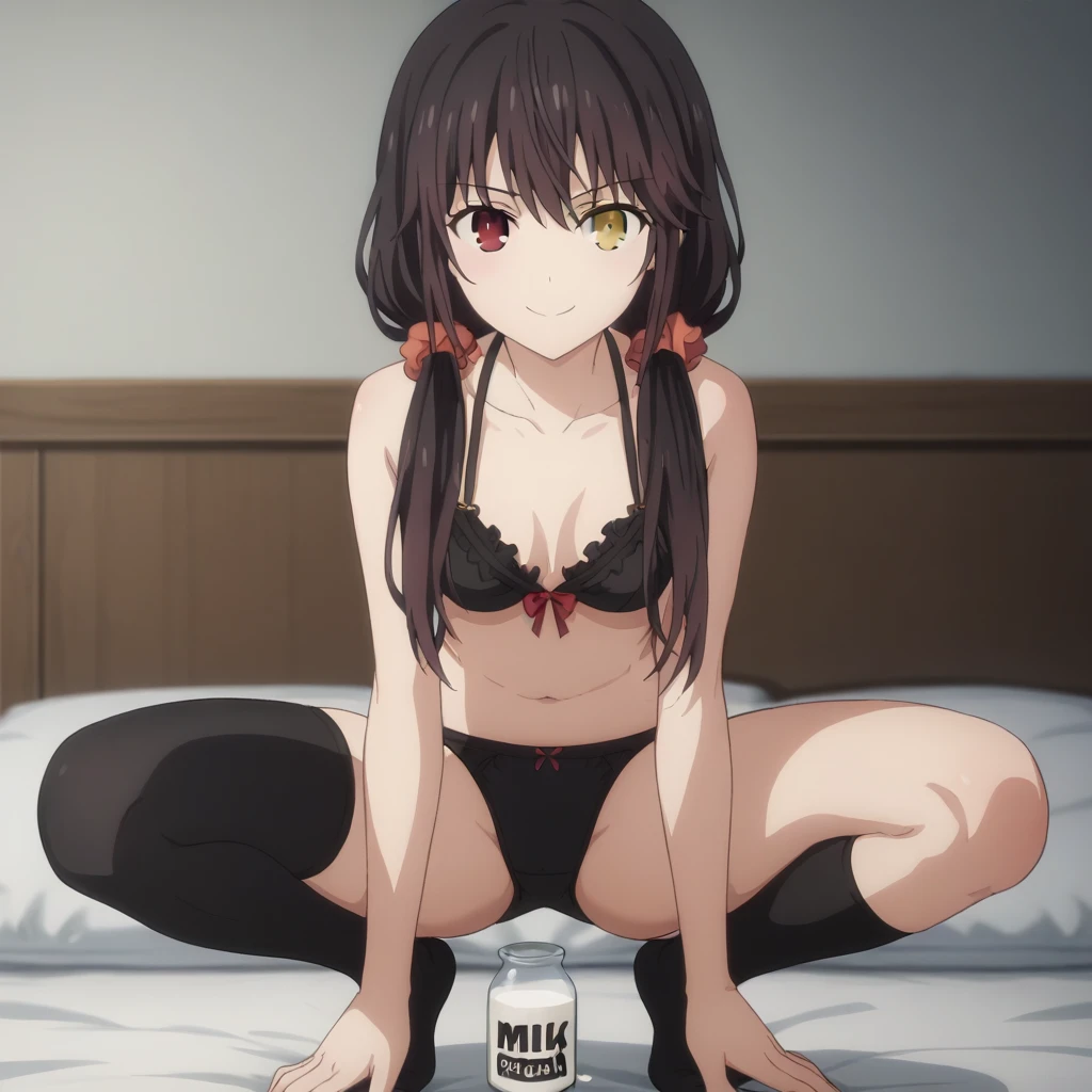 score_9, score_8_up, score_7_up, source_anime,
kurumitokisaki, kurumi tokisaki, black hair, golden right eye(clock eye), heterochromia and red eyes, long hair, (bunches)
bare shoulder, ribbon, Black bra, bikini, briefs, black bikini, twintails, low twintails, black silk leggings
indoors, outdoor, smile,
looking at viewer, solo, half squatting on the bed, legs apart, Milk spilled on the body,