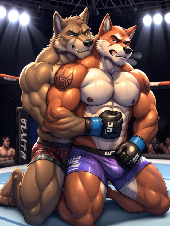 Duo male(Brown Wolf vs Brown Wolf, handsomes, Thick eyebrows), gay(Kneeling, cuddling body from behind, trying escape, Back on body, on a UFC match), hot(Shirtless), handsomes(They are handsomes, correct anatomy), musculosos(Big muscle bodies, Six packs, muscle abs, big pecs, muscle backs, muscle legs), sweaty(very sweaty wet bodies, shiny sweat), tatuajes(they have tattoos), Grumpy(Both have an grumpy expression, growling, steaming breath), UFC gloves(They both are wearing red UFC gloves), UFC boxers(They both are wearing boxers), Hight resolution, by(Zourik:1.1) 