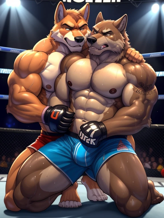 Duo male(Brown Wolf vs Brown Wolf, handsomes, Thick eyebrows), gay(Kneeling, cuddling body from behind, trying escape, Back on body, on a UFC match), hot(Shirtless), handsomes(They are handsomes, correct anatomy), musculosos(Big muscle bodies, Six packs, muscle abs, big pecs, muscle backs, muscle legs), sweaty(very sweaty wet bodies, shiny sweat), tatuajes(they have tattoos), Grumpy(Both have an grumpy expression, growling, steaming breath), UFC gloves(They both are wearing red UFC gloves), UFC boxers(They both are wearing boxers), Hight resolution, by(Zourik:1.1)