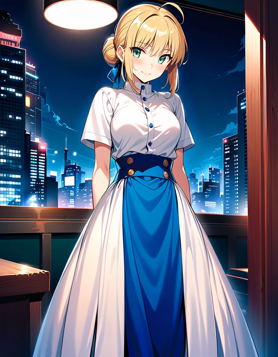 best quality, amazing quality, very aesthetic, 1girl, saber, fate/stay night, 1girl, saber, fate/stay night, , (artist official art:1.5), french braid bun hair, ahoge_hair, green eyes, steaming body, large breasts, jitome, cinematic light, official_blue_long_queen_outfit, stand_up_straight, arms_behind, on the bedroom, happy, smile, blush, night, looking_at_viewer, oily_skin, cool