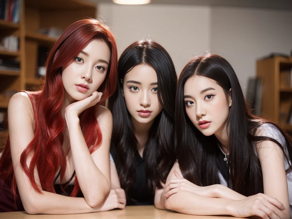 3 students,1 person with red hair,2 people with black hair,sexly,realistically,realistic