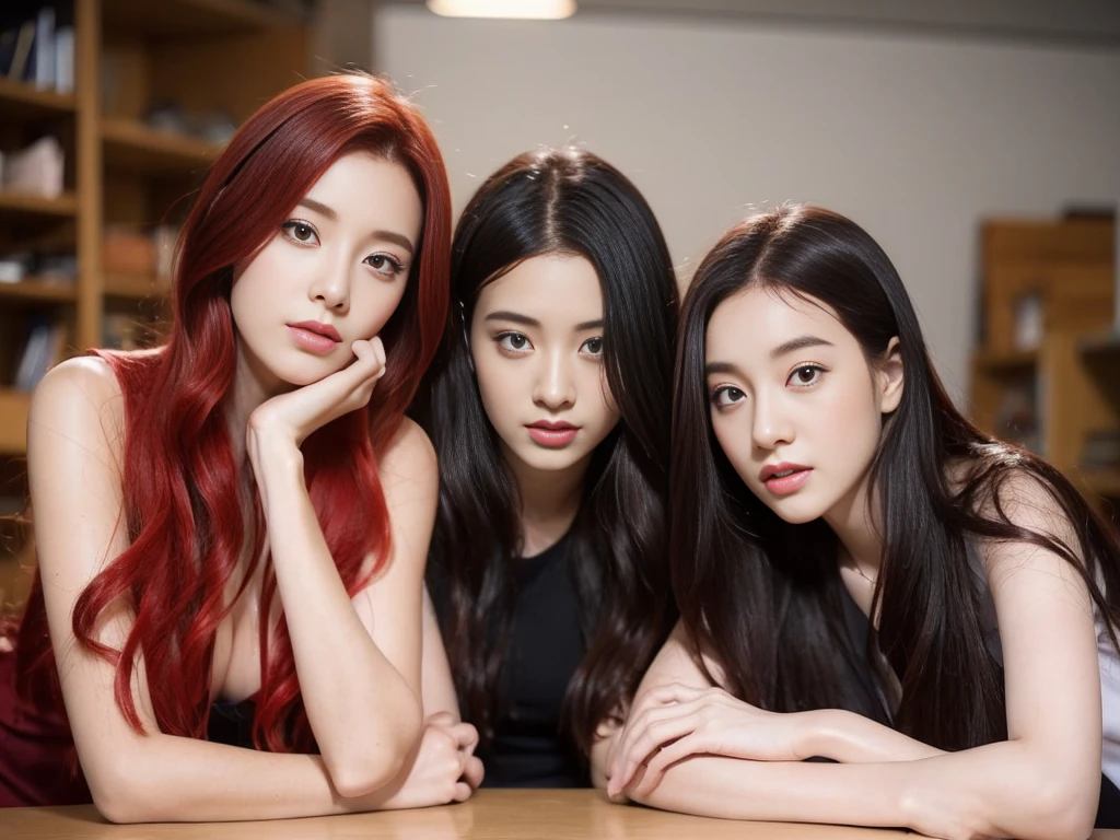 3 students,1 person with red hair,2 people with black hair,sexly,realistically,realistic