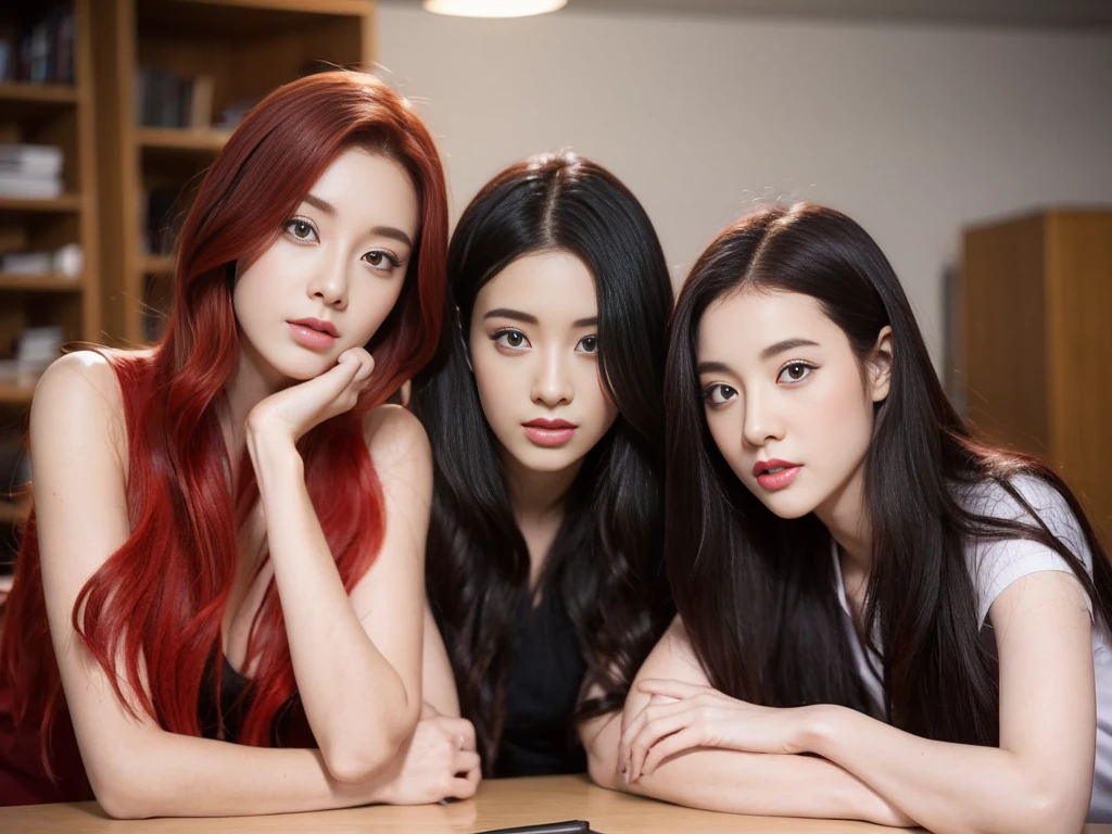 3 students,1 person with red hair,2 people with black hair,sexly,realistically,realistic