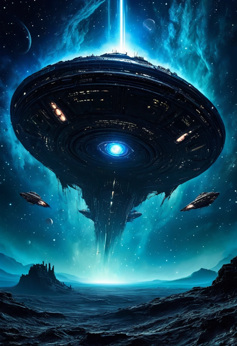 
A hauntingly dark scene set in the vast emptiness of space. In the foreground, a derelict spaceship drifts aimlessly, its once sleek and shiny exterior now battered and covered in alien growths and debris. The ship’s lights flicker sporadically, casting eerie shadows. The background shows the infinite expanse of stars and a distant, menacing nebula swirling with dark and ominous colors. In one of the spaceship’s shattered windows, a glimpse of a monstrous entity with glowing eyes can be seen. The title "Echoes of the Void" is written in a chilling, futuristic font, glowing faintly with an otherworldly blue hue. The overall tone of the cover is dark and foreboding, hinting at the horror and mystery within.

Add the main character a man
