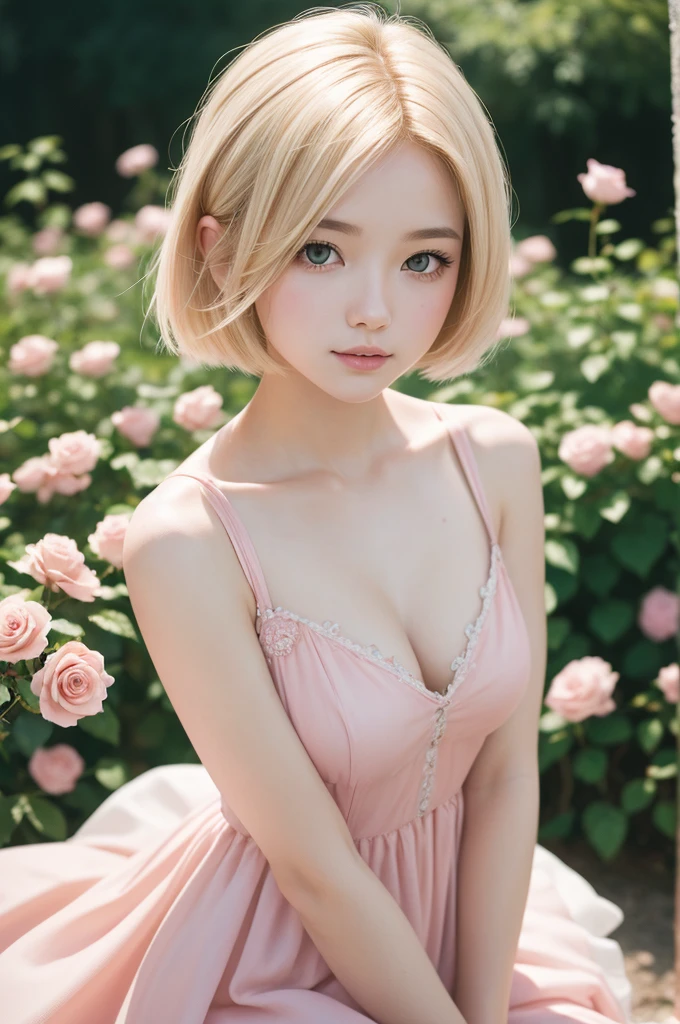 8K, CRU photo, Fujifilm, style photo of a beautiful young woman like Avril in a light pink rose garden (highly detailed skin: 1.2) Style-Petal BREAK short hair, blonde hair with colored highlights, wearing a dress, film grain, 35mm, cute style