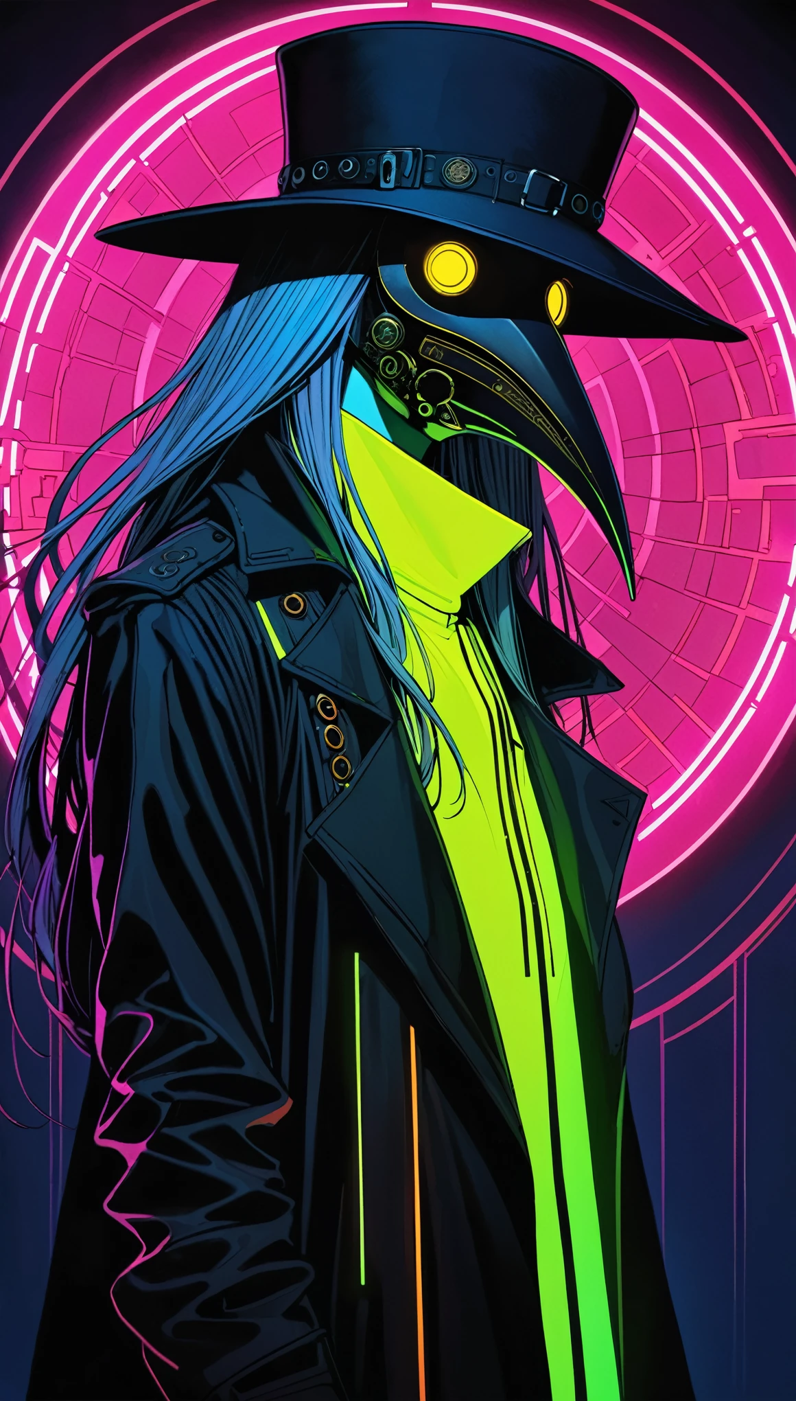 (in style of John Bauer:0.5),in style of Santiago Caruso,
Black Light Art，((masterpiece, best quality)),(illustration),(detailedLight),(Extremely exquisite and beautiful:1.4),1 Girl,Cyberpunk，Neon glows，colourful，plague_doctor_mask,Black long trench coat,Long hair,Silver long hair,Dark shadows,