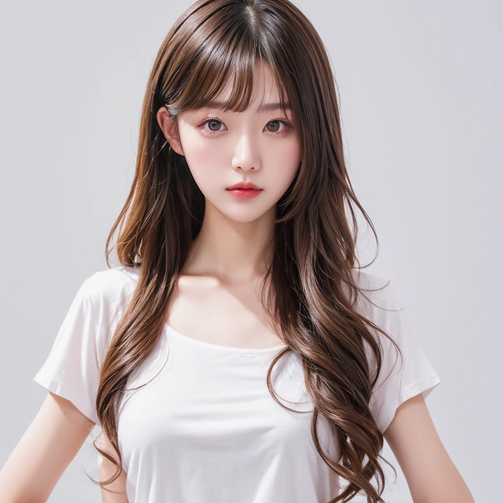 Korean SNS celeb model, woman, body hairstyle, long style, bob length, tight soft curl, integrated into face line bangs, blonde brown hair, Nikon Z7 II Mirrorless Camera, 120mm F/4 wide-angle lens, best quality, masterpiece, ultra detailed, cowboy shot, flowing, 3dmm, ink sketch, color ink, ink rendering, octane render, pastels, rice paper, clear face, full hairstyle, white background, face and neck, white t-shirt, center of the photo