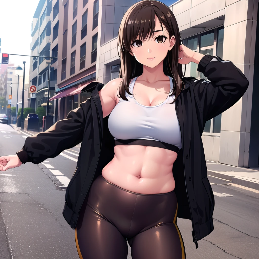 Highest quality, Ultra-high resolution, (Realistic:1.4), One girl, A loose, oversized black jacket, White sports bra, (Yoga pants:1), (Light brown hair:1.2), View Viewer, smile, Fat body, street, Urban, compensate, Wide-angle