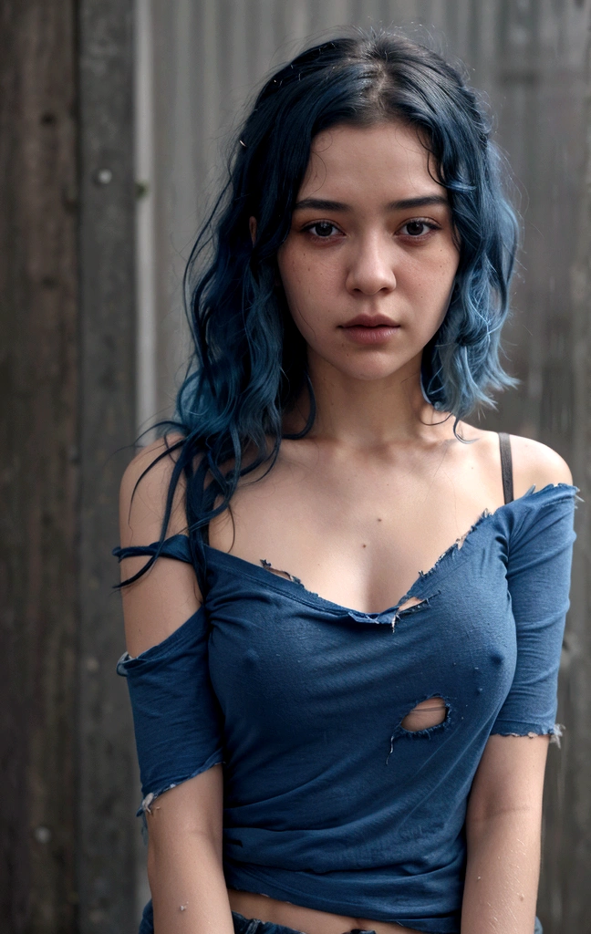 1girl, face, wavy-loose hair, sad expression, blue hair, rouge skin, close up shot, thirty degrees left view, matches stick in the lips, bare shoulder, tattered t-shirt, ((rip clothes 1.8)) tight t-shirt, dark t-shirt((torn t-shirt 1.6)), rain fall, wet, (super accurate 1.2)