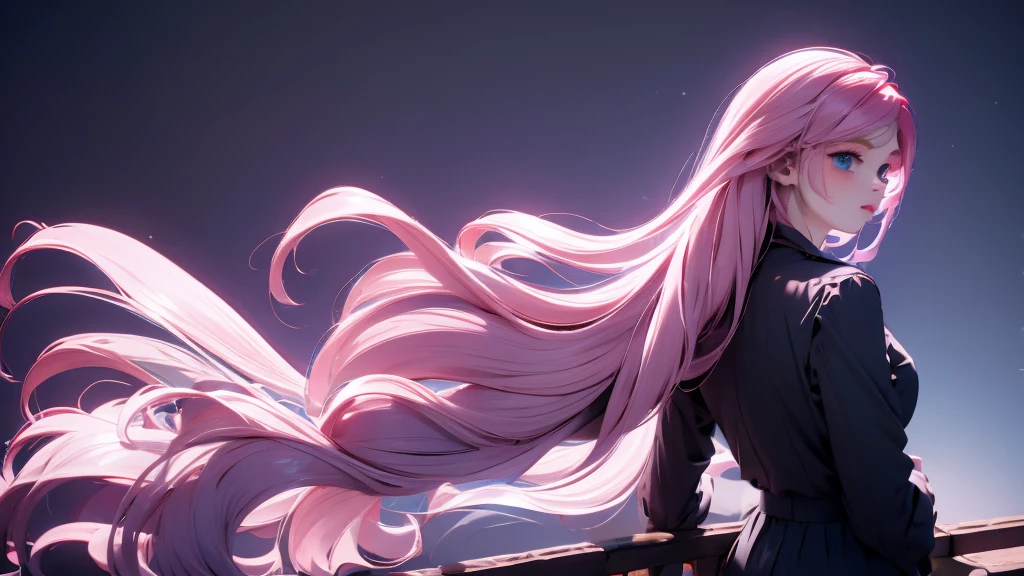 1 Girl , Girl medium light Pink hair, light blue eyes, wearing black suit 4D, night town , 18+ , high res, ultrasharp, 8K, masterpiece, looking from behind