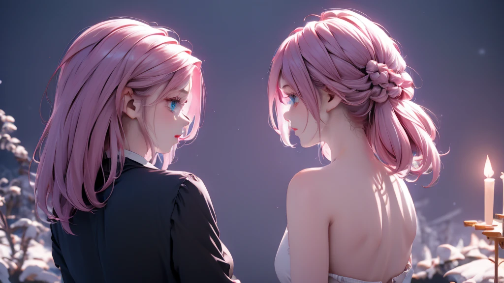 1 Girl , Girl medium light Pink hair, light blue eyes, wearing black suit 4D, night town , 18+ , high res, ultrasharp, 8K, masterpiece, looking from behind