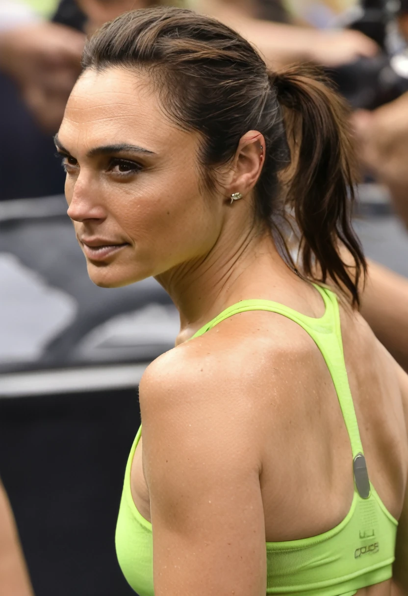 (high quality Erotic celebrity photograph ) ( galxgadt, pony ,GalGadot, exhausted , 45yo sexy woman,  at a  beach side  , pale white skin tone ,( show her side , side boob tanktop  her  hair pulled back,pony tail,  incredibly sweaty light green  tank top, transparent tank top,  portrait  body shot ) photorealistic ) , celebrity erotic photograph , oily skin ,   shiny sweaty skin , celebrity, female, woman, hollywood actress, fleshy fit woman , ( perfect anatomy ,photorealistic  lights, depth of field, insanely detailed skin texture, hyper detailed features, hyper photorealistic texture )