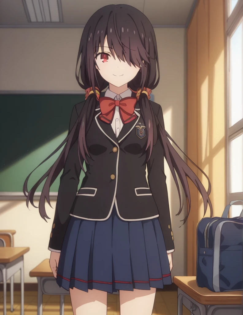 score_9, score_8_up, score_7_up, source_anime,
kurumitokisaki, kurumi tokisaki, black hair, red eyes, long hair,
skirt, long sleeves, ribbon, school uniform, jacket, pleated skirt, bag, hair over one eye, blue skirt, blazer, school bag, black blazer, twintails, low twintails,
indoors, classroom, smile,
looking at viewer, solo, cowboy shot, dutch angle,