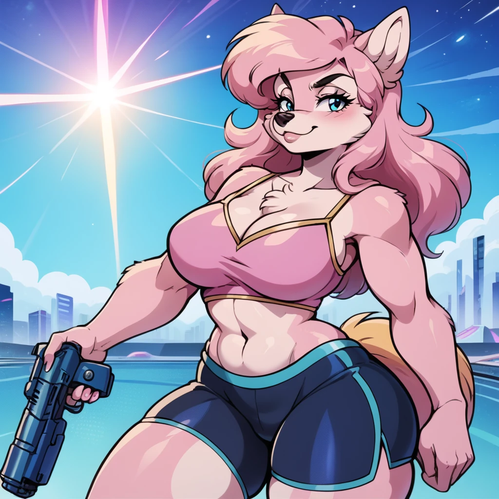 score_9, score_8_up, score_7_up, score_6_up, score_5_up, score_4_up, (Source furry), 1950's illustration style, sci-fi, 1 sexy anthropomorphic fox, dressed in pink swimsuit and wearing black swimming shorts, has thick thighs, right-hand-holding-pistol, retro-futuristic city background, nebula, planets, extremely detailed, high quality, masterpiece, emphasized-detail ,
