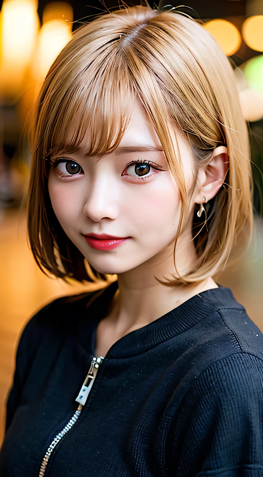 (8K, RAW Photos:1.2), Detailed face and eyes,最high quality, Ultra-high resolution, Very detailed ,Intricate details ,Tabletop ,pretty girl , Soft cinematic light, Hyper Detail,Sharp focus, high quality, Blonde, Bobcut,  outside, rainに濡れる, rain, Clothes get wet, Hair gets wet, Soaking wet