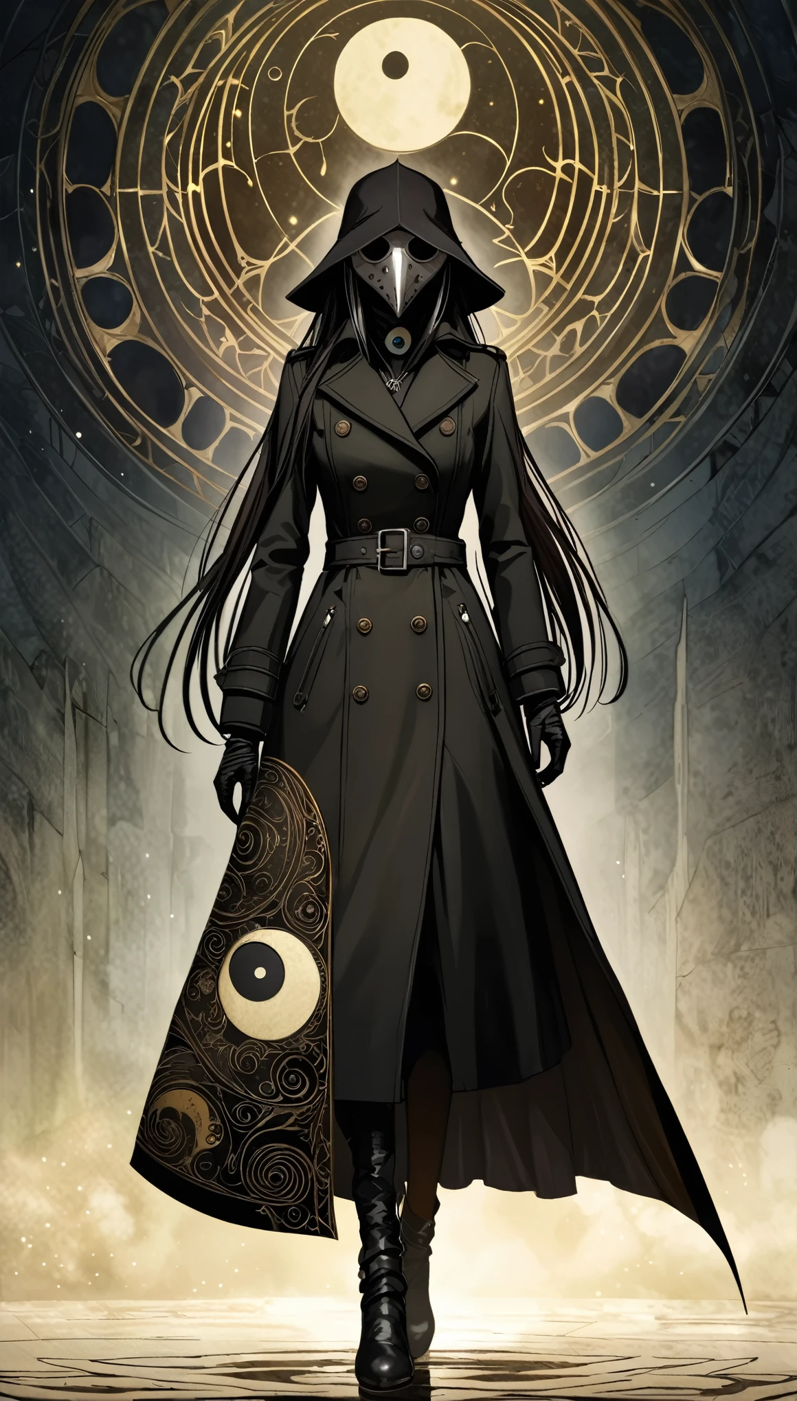 (in style of John Bauer:0.5),in style of Santiago Caruso,
((masterpiece, best quality)),(illustration),(detailedLight),(Extremely exquisite and beautiful:1.4),1 Girl,plague_doctor_mask,Black long trench coat,(yin_yang_print:1.4),Long hair,Silver long hair,Dark shadows,