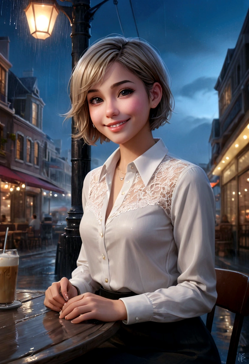 (8k, Best Quality, Masterpiece: 1.2), (Realistic, Photorealistic: 1.37), Super Detailed, 1 Girl, Cute, Alone, Beautiful Detailed Sky, Detailed Cafe, Night, Sitting, Date, ( Nose blush), (smile: 1.15), (close mouth) small breasts, beautiful details, (collared shirt: 1.1), night, wet, business wear, rain, white lace, (short hair: 1.2), floating Hair NovaFrogStyle,
