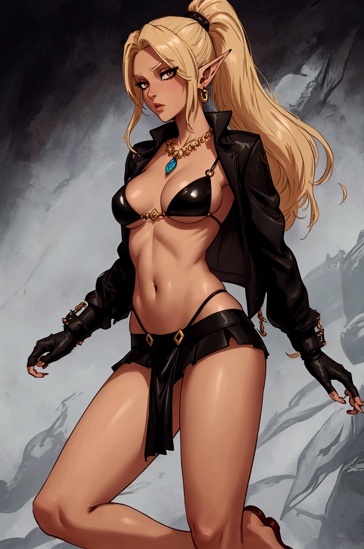 8K, Top Quality, Intricate Details, Ultra Detail, Ultra High Resolution, Masterpiece, full body, Very tall, dark skinned female elf; slender, blonde hairs and incredible long ponytail; strong makeup; brown eyes; small pointy breast; sensual midriff; wearing superhighplatform sandals, jewelery, necklace, earrings, black bikini top, short leather jacket, thongs with a lot of strings, leather skirt, long fingernails; gloves, rings, best quality, expressive eyes, perfect face, masterpiece, slim body, very long legs, detailed stomach, detailed hips, detailed legs, carefully drawn toes, carefully drawn feet, carefully drawn hands, best quality, drawn with careful, Dynamic Angle, Highly detailed, seductive eyes, NTR